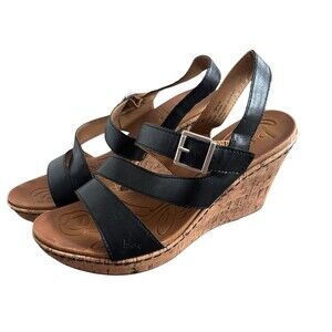 Womens BOC Born Concept Schirra Black Faux Leather Cork Wedge Sandals Size 9